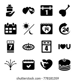 Day icons. set of 16 editable filled day icons such as calendar, cake, 14 date, broken heart, heart key, i love you, calendar 7 date, fireworks, sundial, sun and moon