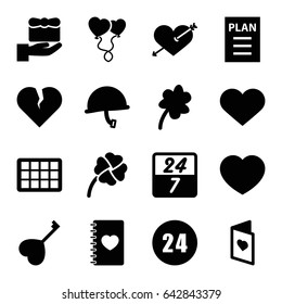 Day icons set. set of 16 day filled icons such as clover, heart with arrow, notebook with heart, clover, love card, plan, calendar, 24 hours, 24 7 hour, war helmet