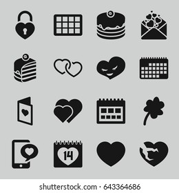 Day icons set. set of 16 day filled icons such as clover, cake, piece of cake, 14 date, phone with heart, love letter, broken heart, heart, love card
