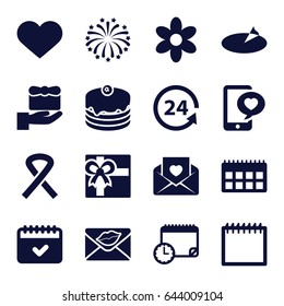 Day icons set. set of 16 day filled icons such as flower, gift, cake, 24 support, calendar, love letter, phone with heart, heart, fireworks, ribbon, sundial