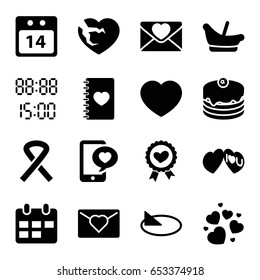 Day icons set. set of 16 day filled icons such as baby basket, cake, heart ribbon, notebook with heart, love letter, i love you, 14 date calendar, ribbon, digital time