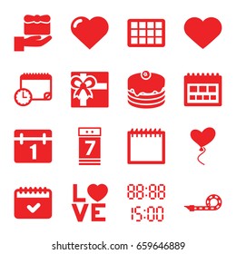 Day icons set. set of 16 day filled icons such as heart, gift, calendar, cake, love word, heart baloons, calendar 7 date, party pipe, digital time