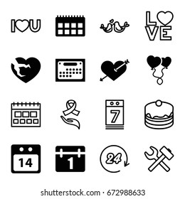 Day icons set. set of 16 day filled and outline icons such as calendar, heart with arrow, broken heart, heart balloons, 14 date calendar, cake, love word, lovebirds