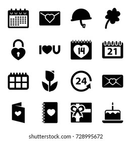 Day icons set. set of 16 day filled icons such as cake with one candle, clover, gift, calendar, 24 support, love letter, notebook with heart, 14 date, i love you, heart lock