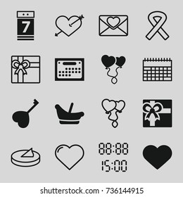Day icons set. set of 16 day filled and outline icons such as baby basket, gift, heart balloons, heart key, calendar 7 date, digital time, calendar, love letter, ribbon