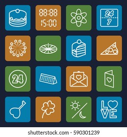 day icons set. Set of 16 day outline icons such as flower, Clover, cake, piece of cake, love letter, love word, heart key, fireworks, love card, digital time, sundial
