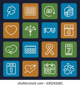 Day icons set. set of 16 day outline icons such as clover, piece of cake, heart, i love you, calendar 7 date, fireworks, ribbon, 1st day calendar, 24 hours
