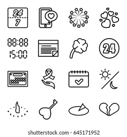 Day icons set. set of 16 day outline icons such as calendar, phone with heart, heart, ribbon on hand, fireworks, clover, plan, digital time, sundial, sun and moon, 24 hours