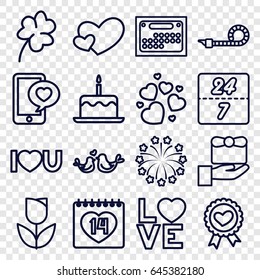 Day icons set. set of 16 day outline icons such as cake with one candle, clover, heart ribbon, 14 date, phone with heart, love word, heart, lovebirds, i love you, party pipe