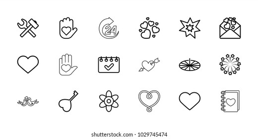 Day icons. set of 18 editable outline day icons: flower, wrench hummer, heart on hand, love letter, heart, fireworks, sundial, calendar, 24 hours