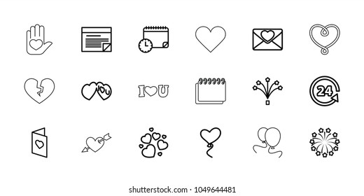 Day icons. set of 18 editable outline day icons: 24 support, love letter, heart, heart baloons, i love you, fireworks, love card, plan, calendar with clock