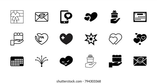 Day icons. set of 18 editable filled and outline day icons: gift, phone with heart, love letter, heart, fireworks, calendar