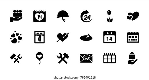 Day icons. set of 18 editable filled day icons: gift, calendar, wrench hummer, heart with arrow, 14 date, love letter, heart, heart baloons, 14 date calendar, sundial