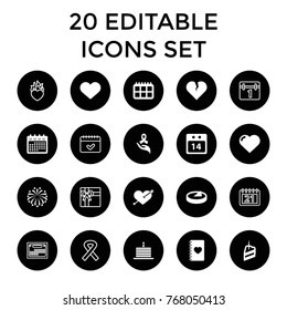 Day icons. set of 20 editable filled and outline day icons such as heart, calendar, heart with arrow, ribbon on hand, 14 date calendar, fireworks, piece of cake, sundial, gift