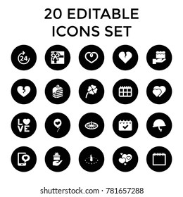 Day icons. set of 20 editable filled day icons such as 24 hours, gift, hearts, broken heart, piece of cake, calendar, heart. best quality day elements in trendy style.