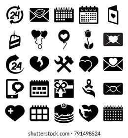 Day icons. set of 25 editable filled day icons such as gift, calendar, wrench hummer, hearts, cake, heart with cross, love letter, phone with heart, ribbon on hand