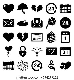 Day icons. set of 25 editable filled day icons such as broken heart, love letter, piece of cake, calendar, 24 support, heart baloons, ribbon on hand, fireworks, clover