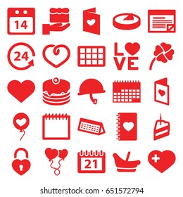 Day icons set. set of 25 day filled icons such as baby basket, cake, heart with cross, 24 support, notebook with heart, love word, love letter, calendar, 14 date calendar