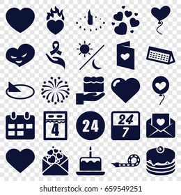 Day icons set. set of 25 day filled icons such as cake with one candle, heart, cake, love letter, heart baloons, heart in fire, ribbon on hand, party pipe, fireworks, sundial