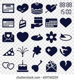 Day icons set. set of 25 day filled icons such as cake with one candle, flower, clover, heart with arrow, cake, heart with cross, love letter, fireworks, piece of cake