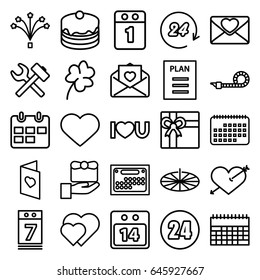 Day icons set. set of 25 day outline icons such as clover, gift, cake, love letter, i love you, heart, calendar 7 date, 14 date calendar, party pipe, fireworks, love card