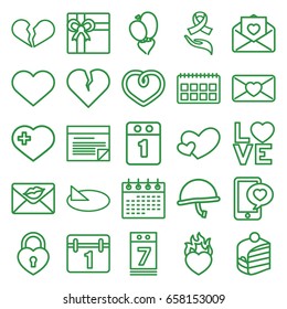 Day icons set. set of 25 day outline icons such as gift, calendar, piece of cake, heart with cross, love letter, heart, love word, ribbon on hand, calendar 7 date, plan