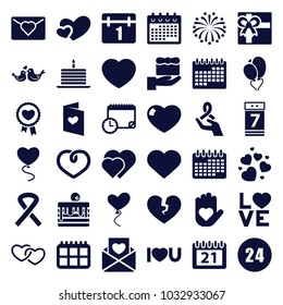 Day icons. set of 36 editable filled day icons such as gift, calendar, hearts, love letter, heart on hand, heart, love word, lovebirds, i love you, calendar 7 date, fireworks