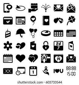Day icons set. set of 36 day filled icons such as flower, gift, calendar, love letter, notebook with heart, 14 date, phone with heart, heart baloons, I love you