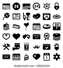 Day icons set. set of 36 day filled icons such as flower, calendar, cake, piece of cake, heart with cross, heart ribbon, love letter, 14 date, love word, lovebirds, i love you