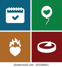 Day icons set. set of 4 day filled icons such as calendar, heart baloons, heart in fire