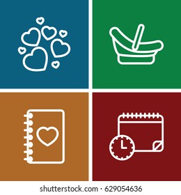 Day icons set. set of 4 day outline icons such as baby basket, notebook with heart, heart