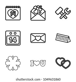 Day icons. set of 9 editable outline day icons such as love letter, 14 date, heart, 14 date calendar, calendar, flower, wrench hummer