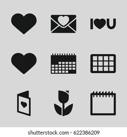 Day icons set. set of 9 day filled icons such as love letter, I love you, heart, love card, calendar
