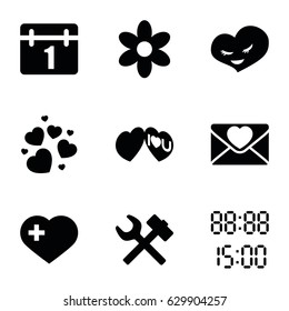 Day icons set. set of 9 day filled icons such as flower, calendar, heart with cross, love letter, heart, i love you, digital time