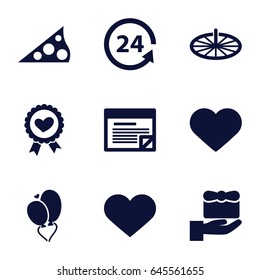 Day icons set. set of 9 day filled icons such as 24 support, heart ribbon, heart baloons, heart, plan, sundial