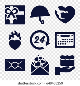 Day icons set. set of 9 day filled icons such as gift, love letter, broken heart, heart in fire, calendar, 24 hours