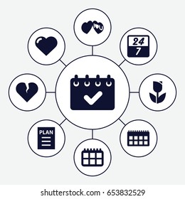 Day icons set. set of 9 day filled icons such as heart, i love you, plan, calendar, 24 7 hour, tulip