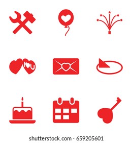 Day icons set. set of 9 day filled icons such as cake with one candle, love letter, heart baloons, heart key, i love you, fireworks, sundial, calendar