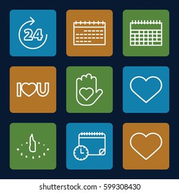 day icons set. Set of 9 day outline icons such as 24 hours, I love you, heart, sundial, calendar with clock, calendar