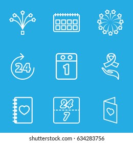 Day icons set. set of 9 day outline icons such as 24 hours, notebook with heart, ribbon on hand, fireworks, love card, 1st day calendar, 24 7 hour
