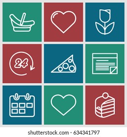 Day icons set. set of 9 day outline icons such as heart, baby basket, piece of cake, plan, sundial, calendar, 24 hours