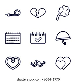 Day icons set. set of 9 day outline icons such as heart, lovebirds, party pipe, clover, calendar, war helmet, broken heart