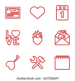 Day icons set. set of 9 day outline icons such as love word, love letter, heart key, heart in fire, heart, 1st day calendar, calendar