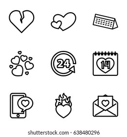Day icons set. set of 9 day outline icons such as 24 support, love letter, 14 date, phone with heart, heart