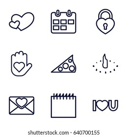 Day icons set. set of 9 day outline icons such as love letter, heart, i love you, heart lock, sundial, calendar