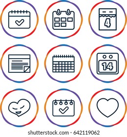 Day icons set. set of 9 day outline icons such as calendar, heart, 14 date calendar, plan