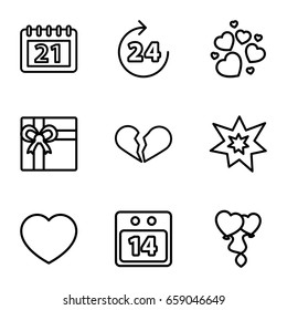 Day icons set. set of 9 day outline icons such as 24 hours, gift, heart, heart balloons, calendar, 14 date calendar, fireworks