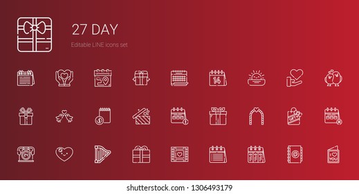 day icons set. Collection of day with calendar, wedding video, present, harp, heart, hours, wedding arch, gift, gifts, agenda, love birds, sunset. Editable and scalable day icons.