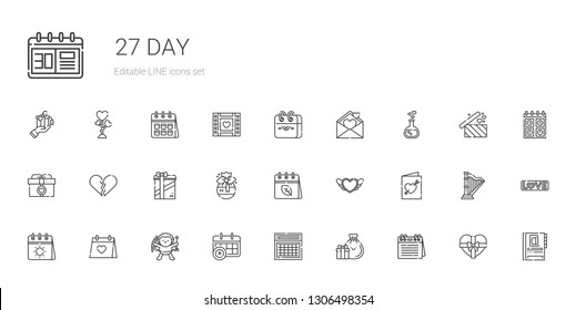 day icons set. Collection of day with calendar, gifts, cupid, wedding day, wedding invitation, heart, gift, broken heart, love potion, love letter. Editable and scalable icons.
