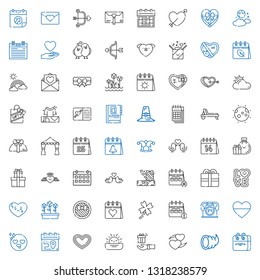 day icons set. Collection of day with calendar, cornucopia, heart, gift, sunset, in love, hours, clover, tulips, broken heart, love, present. Editable and scalable day icons.
